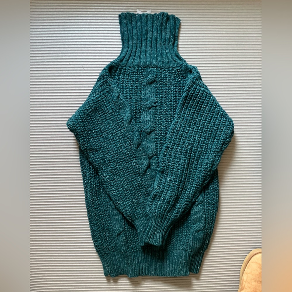 Laura Ashley Teal/Emerald Green 100% Wool Cable Turtleneck Sweater VTG EUC